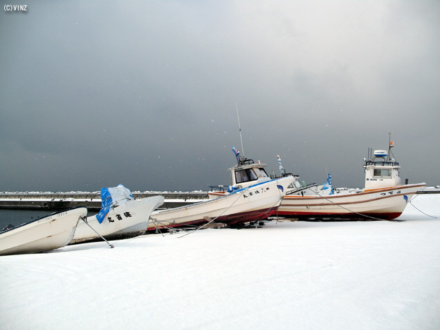 雪景色 北海道 道北 稚内 野寒布岬（ノシャップ岬）　漁港